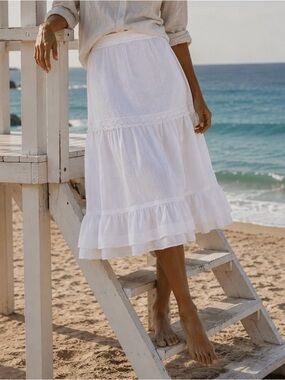 🇮🇹 Women’s 100% Linen White Ruffle Mini Skirt |Cottagecore Boho Tiered |size M